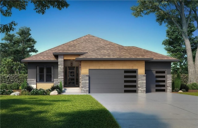 14511 S Dawson St, Olathe, KS 66061 - view of front facade featuring stone siding, a garage, and a front yard