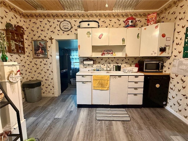 kitchen featuring stainless steel microwave, dark wood-style floors, open shelves, wood ceiling, and wallpapered walls