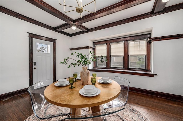 525 W 38th St, Kansas City, MO 64111 - dining area with coffered ceiling, baseboards, a chandelier, beam ceiling, and wood finished floors