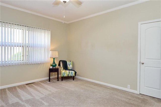 464 W 104th St Unit A, Kansas City, MO 64114 - living area with a ceiling fan, baseboards, ornamental molding, and carpet flooring