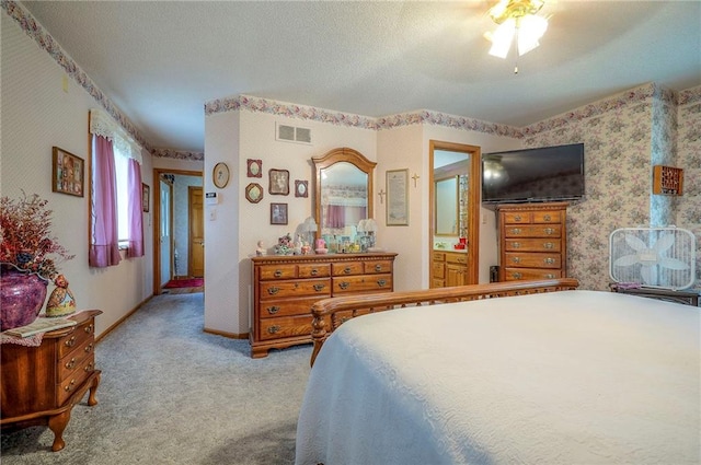 31025 203rd St, Leavenworth, KS 66048 - carpeted bedroom with ceiling fan, wallpapered walls, a textured ceiling, and visible vents