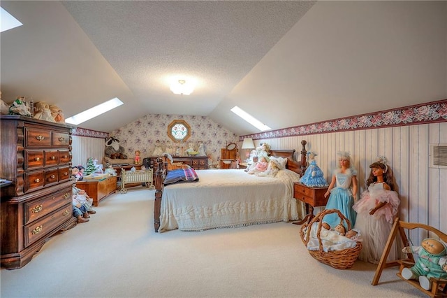 31025 203rd St, Leavenworth, KS 66048 - carpeted bedroom featuring a textured ceiling, lofted ceiling with skylight, and wallpapered walls