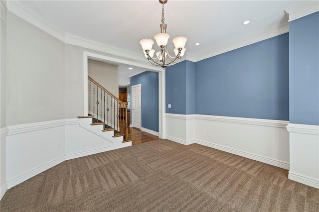 5108 W 150th St, Leawood, KS 66224 - carpeted spare room featuring a chandelier, stairs, recessed lighting, and ornamental molding