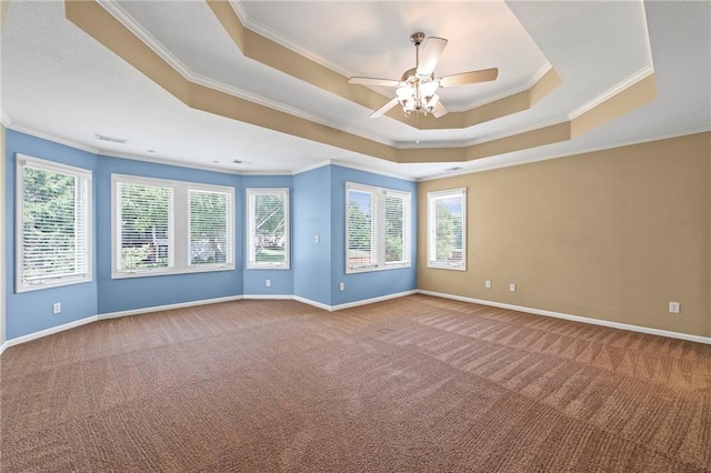 5108 W 150th St, Leawood, KS 66224 - spare room with carpet floors, a raised ceiling, crown molding, a ceiling fan, and plenty of natural light