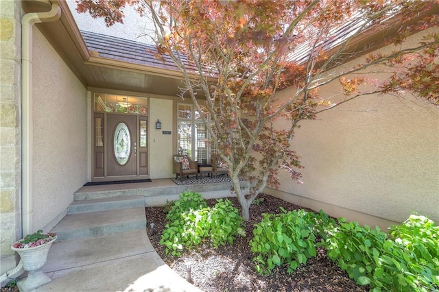 entrance to property featuring stucco siding and a porch