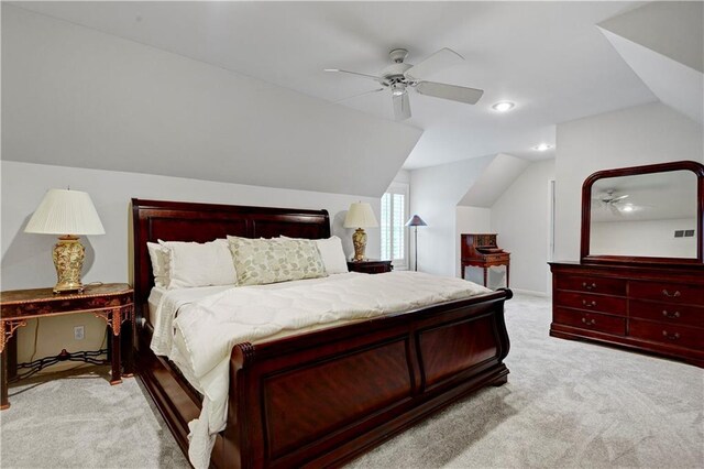 11405 Manor St, Leawood, KS 66211 - bedroom with lofted ceiling, light colored carpet, recessed lighting, and ceiling fan