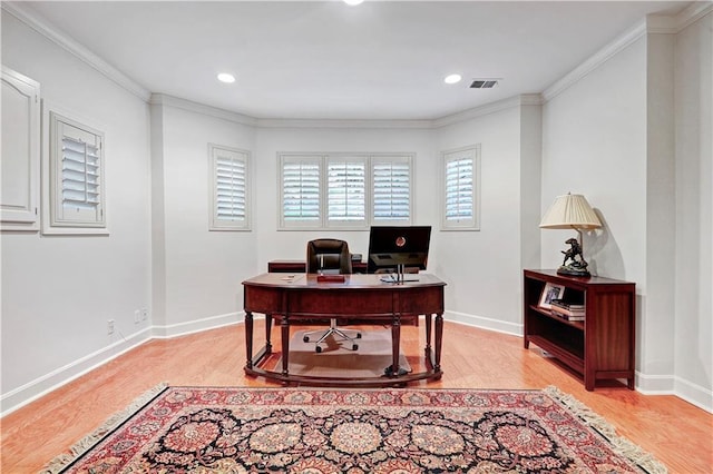 11405 Manor St, Leawood, KS 66211 - office area featuring light wood-type flooring, crown molding, baseboards, and recessed lighting