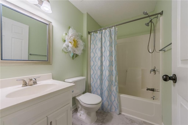 bathroom with vanity, shower / tub combo with curtain, tile patterned flooring, and toilet