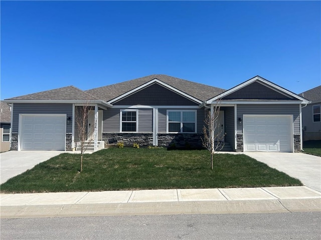 3806-3808 NW 93rd St, Kansas City, MO 64132 - ranch-style house with a garage, driveway, stone siding, and a front lawn