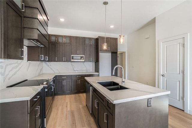 3806-3808 NW 93rd St, Kansas City, MO 64132 - kitchen featuring appliances with stainless steel finishes, a sink, light wood-style floors, tasteful backsplash, and dark brown cabinetry