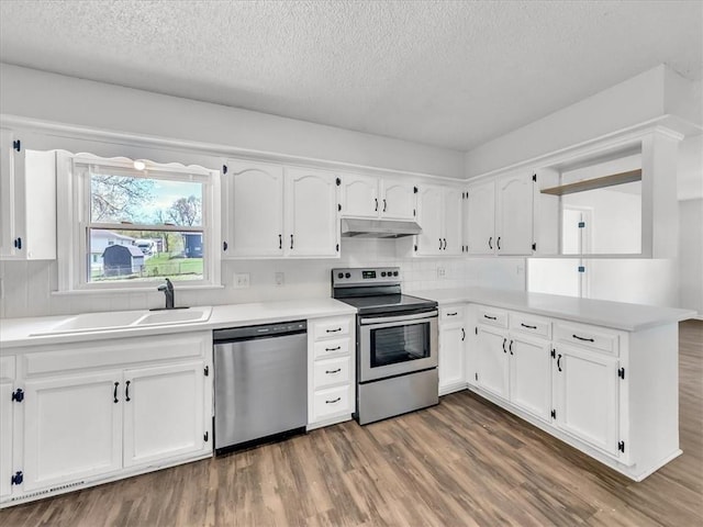 kitchen with a textured ceiling, appliances with stainless steel finishes, under cabinet range hood, and a sink