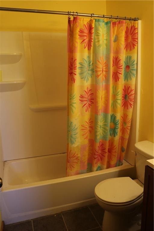 bathroom featuring shower / bath combo, vanity, tile patterned flooring, and toilet
