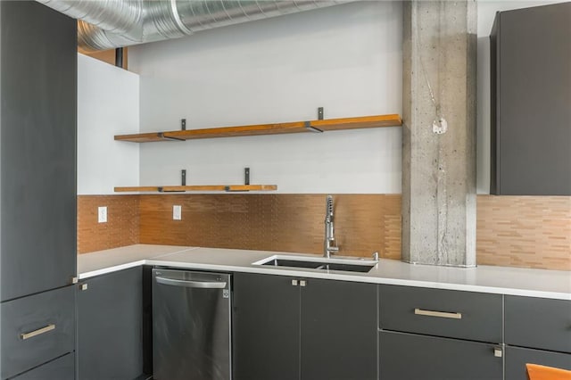 715 May St Unit 328, Kansas City, MO 64105 - kitchen with dishwasher, open shelves, tasteful backsplash, modern cabinets, and gray cabinetry