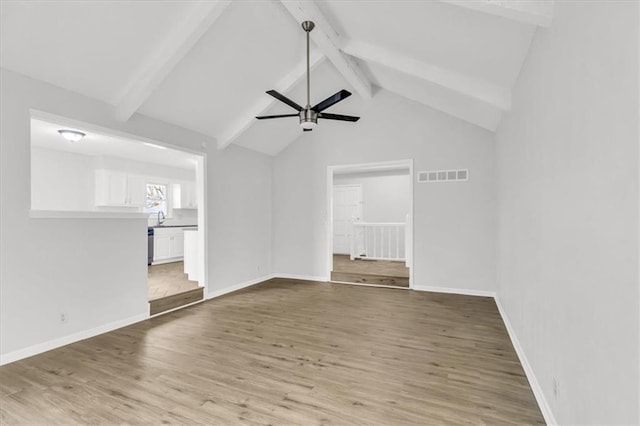 unfurnished living room featuring lofted ceiling with beams, a sink, visible vents, wood finished floors, and ceiling fan