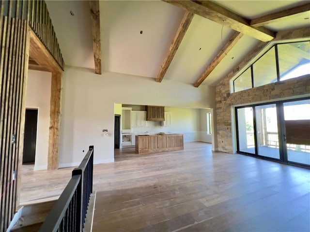 20840 Golden Rd, Linwood, KS 66052 - unfurnished living room with high vaulted ceiling, light wood finished floors, and beamed ceiling