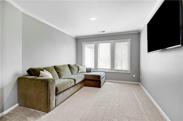 carpeted living area with crown molding, a textured ceiling, and baseboards