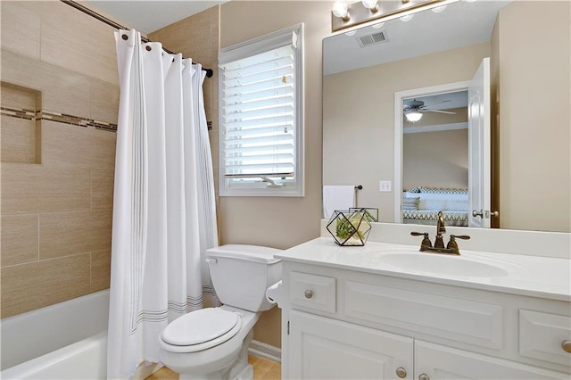 full bathroom featuring visible vents, vanity, toilet, ensuite bathroom, and a ceiling fan