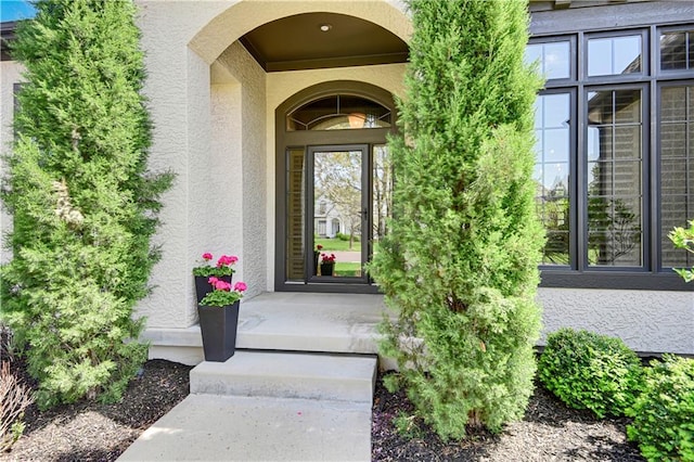 view of exterior entry featuring stucco siding