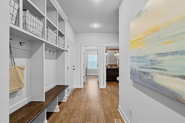 mudroom featuring baseboards, wood finished floors, and visible vents