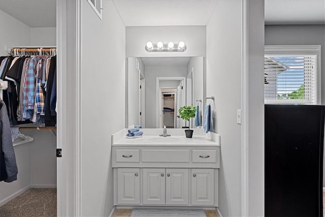 bathroom featuring baseboards, vanity, and a spacious closet