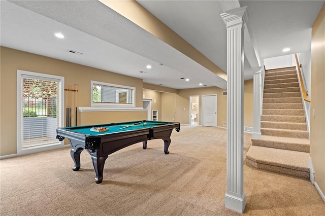 14215 W 157th Ter, Olathe, KS 66062 - rec room with carpet, baseboards, recessed lighting, billiards, and ornate columns