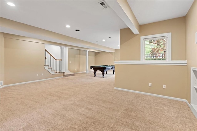 14215 W 157th Ter, Olathe, KS 66062 - recreation room featuring carpet flooring, billiards table, recessed lighting, baseboards, and beam ceiling