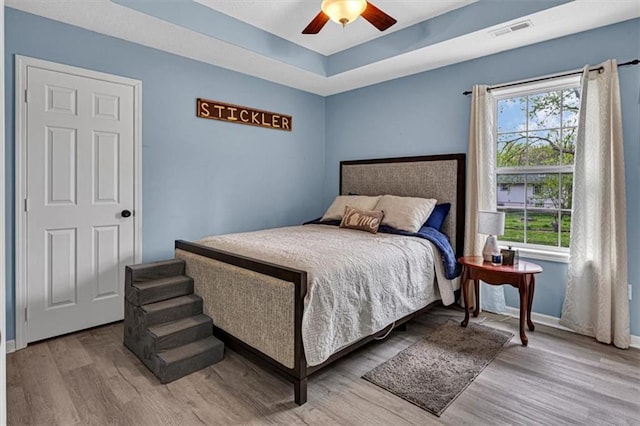 204 Lynn St, Lathrop, MO 64465 - bedroom with wood finished floors, baseboards, ceiling fan, and a raised ceiling