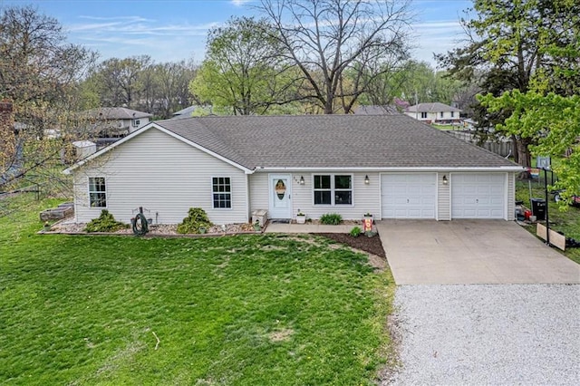 204 Lynn St, Lathrop, MO 64465 - single story home with driveway, a garage, a front yard, and a shingled roof