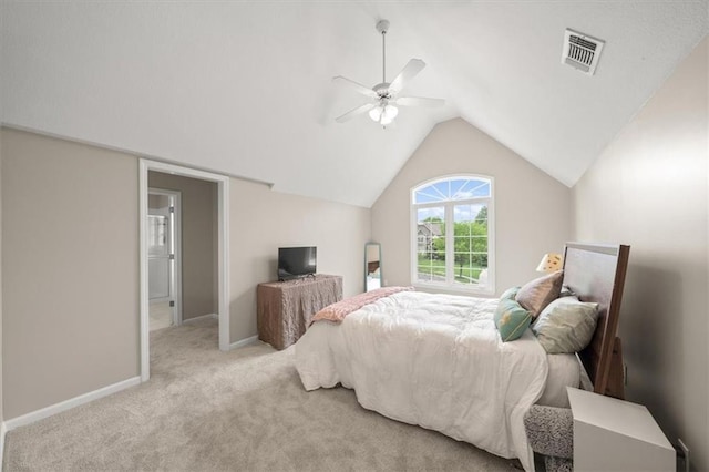 carpeted bedroom featuring visible vents, a ceiling fan, baseboards, and lofted ceiling
