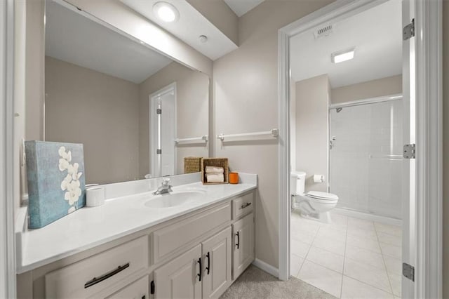 full bathroom with visible vents, tile patterned flooring, a stall shower, vanity, and toilet
