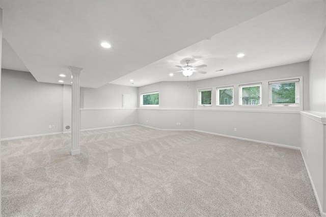 below grade area featuring a ceiling fan, recessed lighting, and carpet flooring