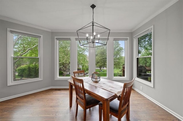 dining space with a notable chandelier, a healthy amount of sunlight, and wood finished floors