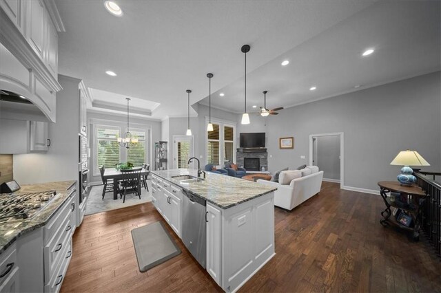 kitchen with a fireplace, a raised ceiling, ceiling fan with notable chandelier, stainless steel appliances, and recessed lighting