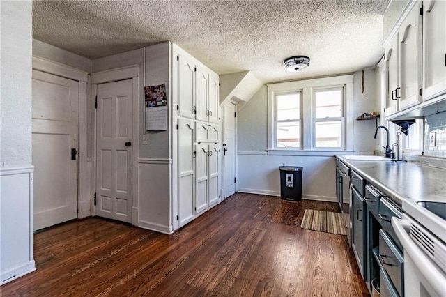 401 E Jackson St, Windsor, MO 65360 - kitchen featuring a textured ceiling, dark wood-style flooring, white cabinetry, and a sink