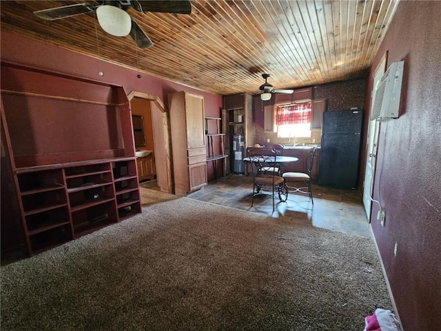 carpeted dining room featuring arched walkways, wood ceiling, a wall unit AC, and ceiling fan