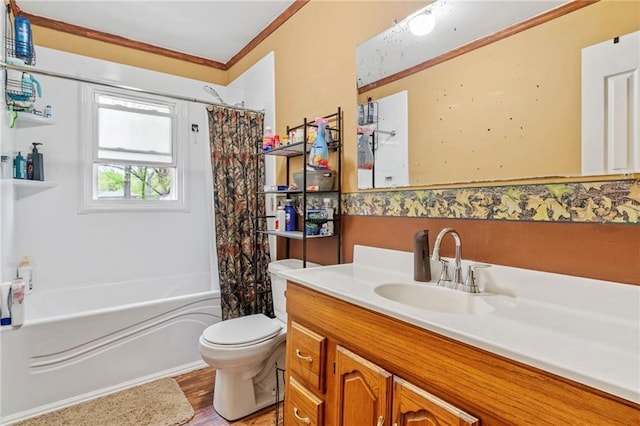 bathroom featuring vanity, toilet, shower / bathtub combination with curtain, wood finished floors, and ornamental molding