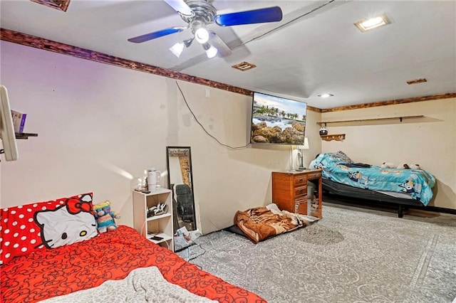 carpeted bedroom with a ceiling fan
