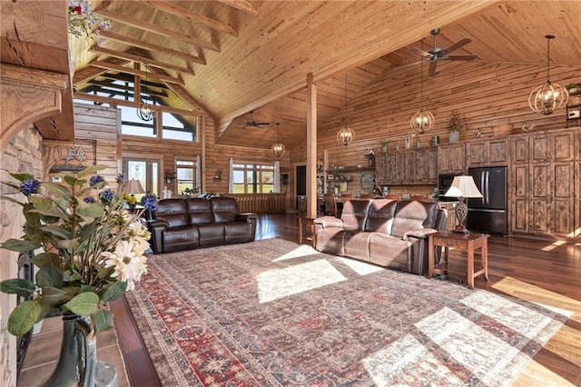 living room with dark wood-style flooring, ceiling fan, wooden walls, high vaulted ceiling, and wood ceiling