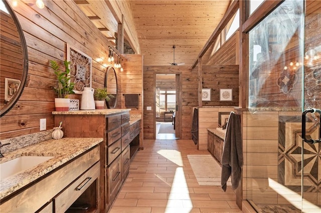 full bathroom with vanity, wood finished floors, ceiling fan, wooden walls, and wooden ceiling