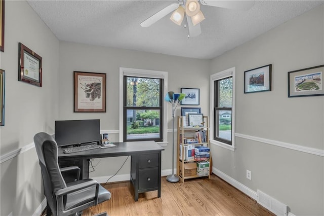 office space featuring ceiling fan, light wood-type flooring, visible vents, baseboards, and a textured ceiling