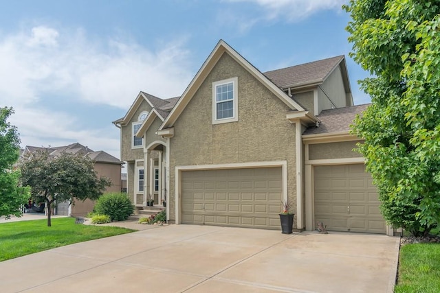 14108 Pine Valley Ct, Basehor, KS 66007 - traditional-style house with stucco siding, driveway, a front yard, and a shingled roof