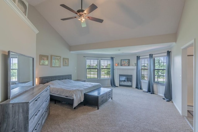 14108 Pine Valley Ct, Basehor, KS 66007 - bedroom featuring multiple windows, carpet, baseboards, a fireplace with flush hearth, and high vaulted ceiling