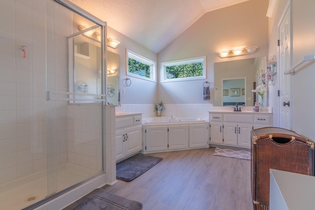 14108 Pine Valley Ct, Basehor, KS 66007 - full bath featuring a stall shower, a garden tub, wood finished floors, vanity, and lofted ceiling