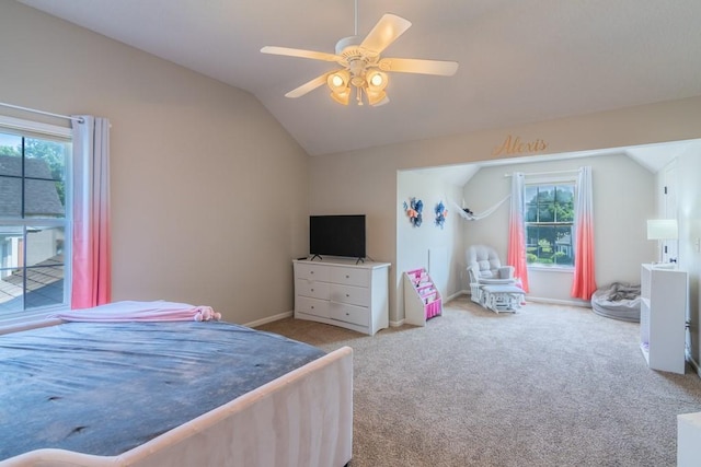 14108 Pine Valley Ct, Basehor, KS 66007 - carpeted bedroom featuring lofted ceiling, a ceiling fan, access to exterior, and baseboards