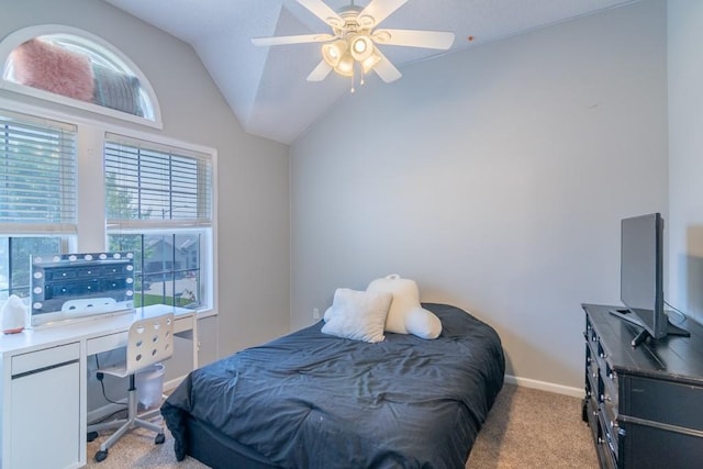14108 Pine Valley Ct, Basehor, KS 66007 - bedroom with light carpet, lofted ceiling, baseboards, a desk, and a ceiling fan