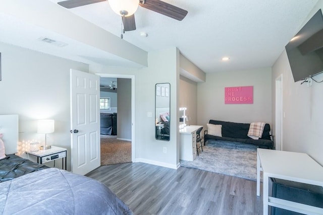 14108 Pine Valley Ct, Basehor, KS 66007 - bedroom with wood finished floors, baseboards, ceiling fan, and recessed lighting