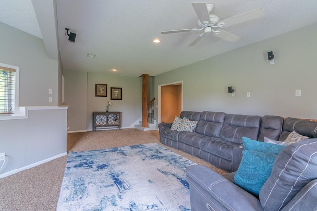 14108 Pine Valley Ct, Basehor, KS 66007 - carpeted living area featuring a ceiling fan, stairway, recessed lighting, and baseboards