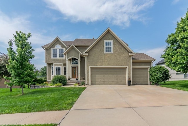14108 Pine Valley Ct, Basehor, KS 66007 - traditional-style home featuring driveway, a front lawn, stucco siding, and a garage