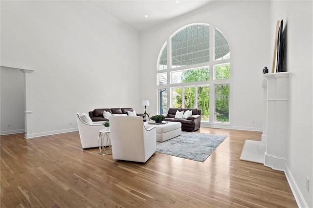 living area with baseboards, a towering ceiling, and wood finished floors