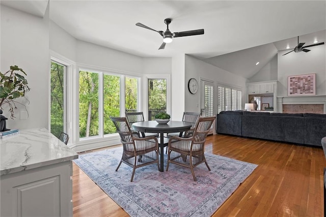dining room featuring ceiling fan, a healthy amount of sunlight, and lofted ceiling
